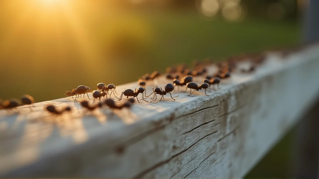 Close-up of black ants in single file on a wooden rail.