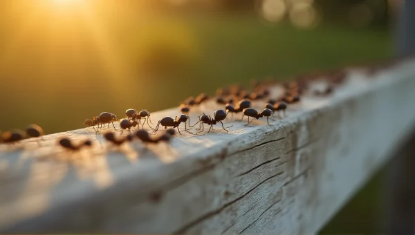 Black Ants Marching Along Weathered Fence Rail