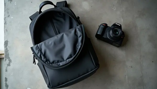 Black Backpack And DSLR Camera On Concrete