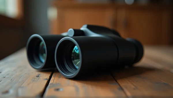 Black Binoculars on Brown Wooden Table Close-Up