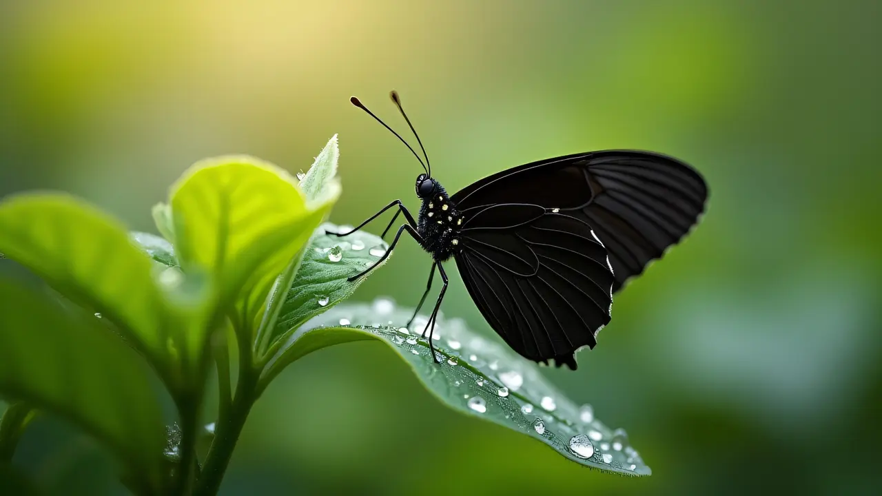 A black butterfly resting on green leaves covered in dew drops, captured in soft morning light.