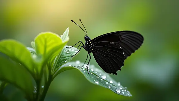 Black Butterfly On Dewy Green Leaves Close-Up
