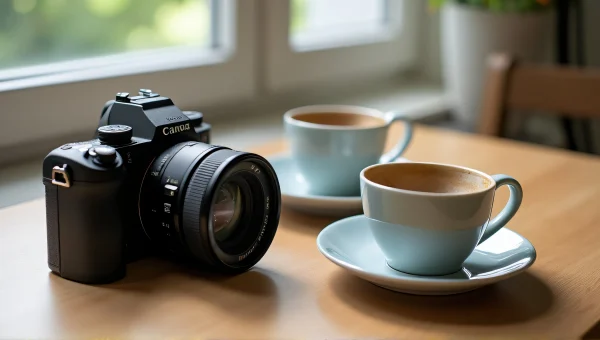 Black Camera With Coffee Cups On Wood Table
