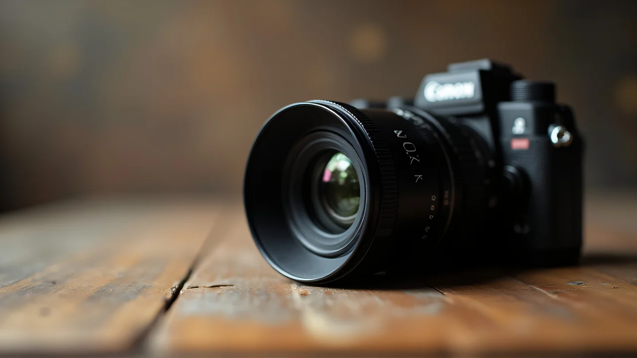 Close-up of a black camera zoom lens on a wooden table.