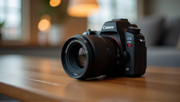 Black Canon Camera On Wooden Table With Bokeh