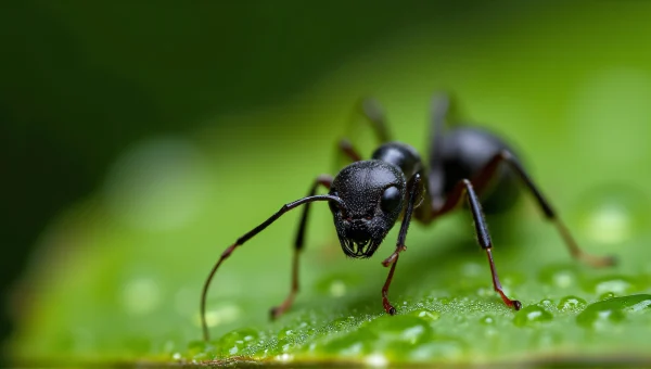 Black Carpenter Ant Close-Up On Dewy Leaf