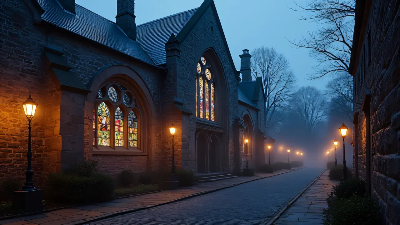 Wide-angle view of Black Chapel at dusk with stained glass.