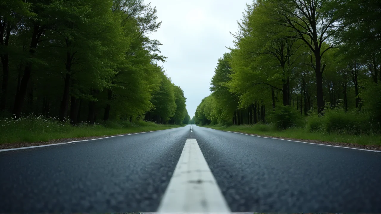 A low-angle view of a black concrete road next to green trees under an overcast sky.