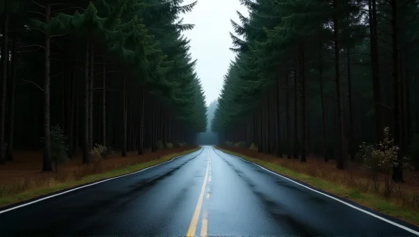 Black Concrete Road Through Tall Trees Reflection