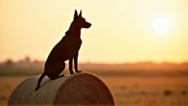 Black Dog on Haystack at Golden Hour