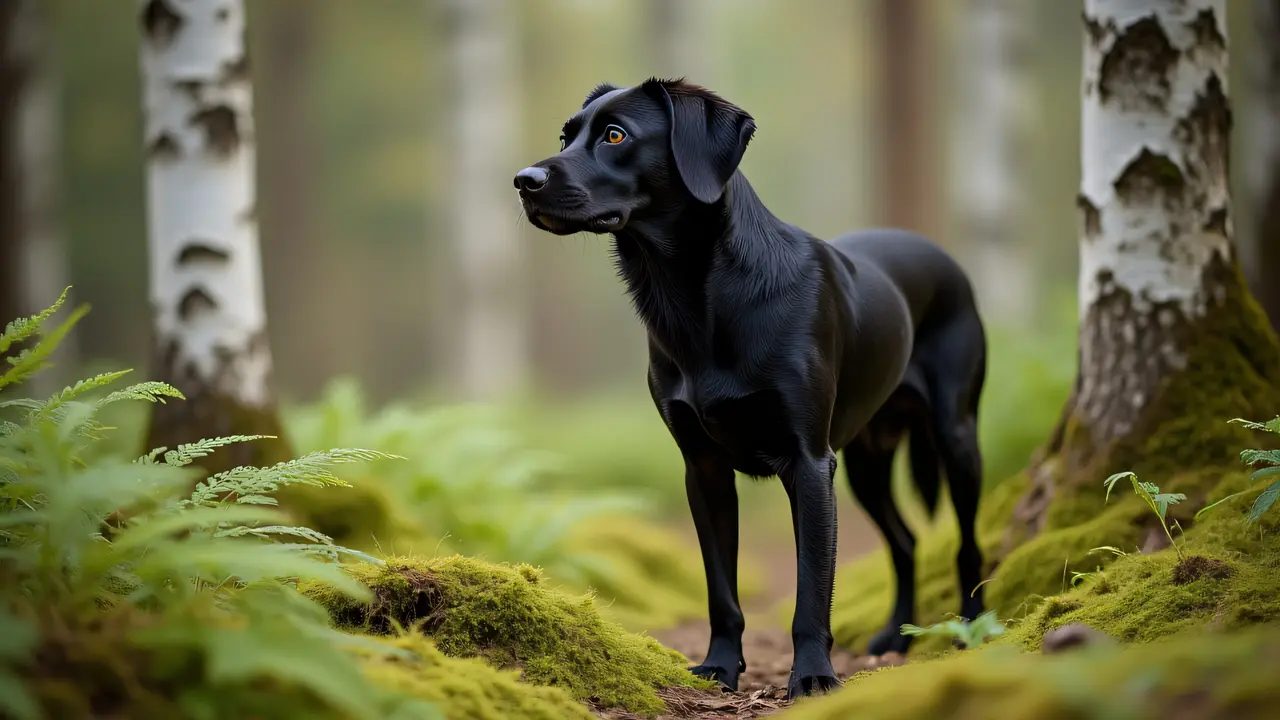 A black dog stands on a mossy forest floor surrounded by ferns and birch trees.