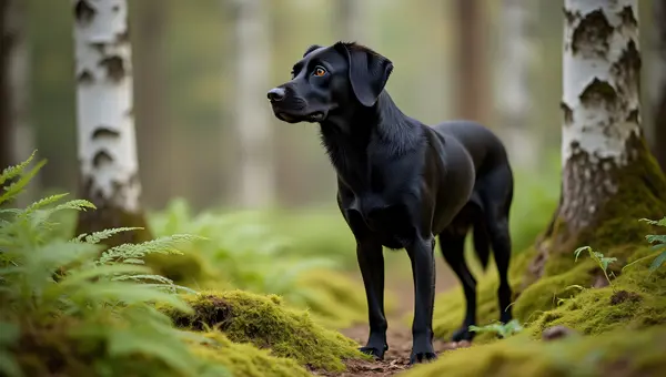 Black Dog in Mossy Forest With Ferns