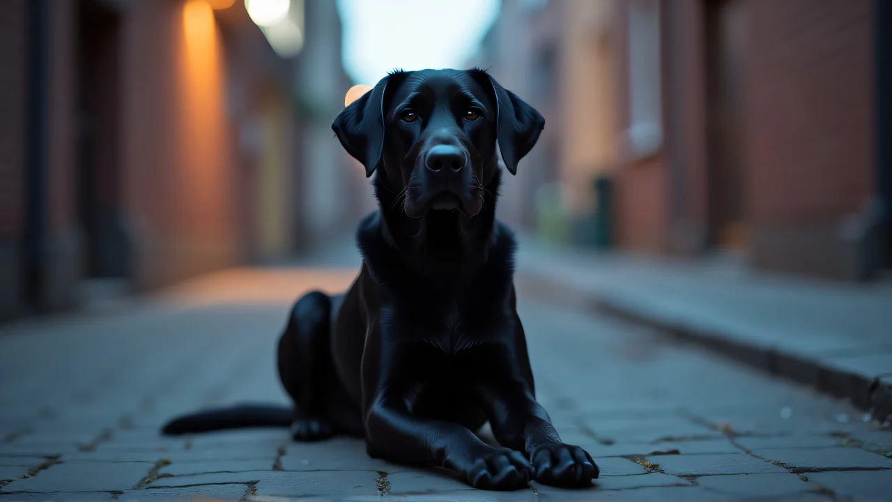 A black dog sits on a cracked sidewalk in an urban alley at dusk.