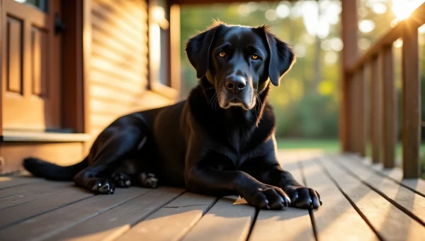 Black Dog Relaxing on Sunlit Wooden Porch