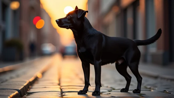 Black Dog Standing Alert on Cobblestone Street
