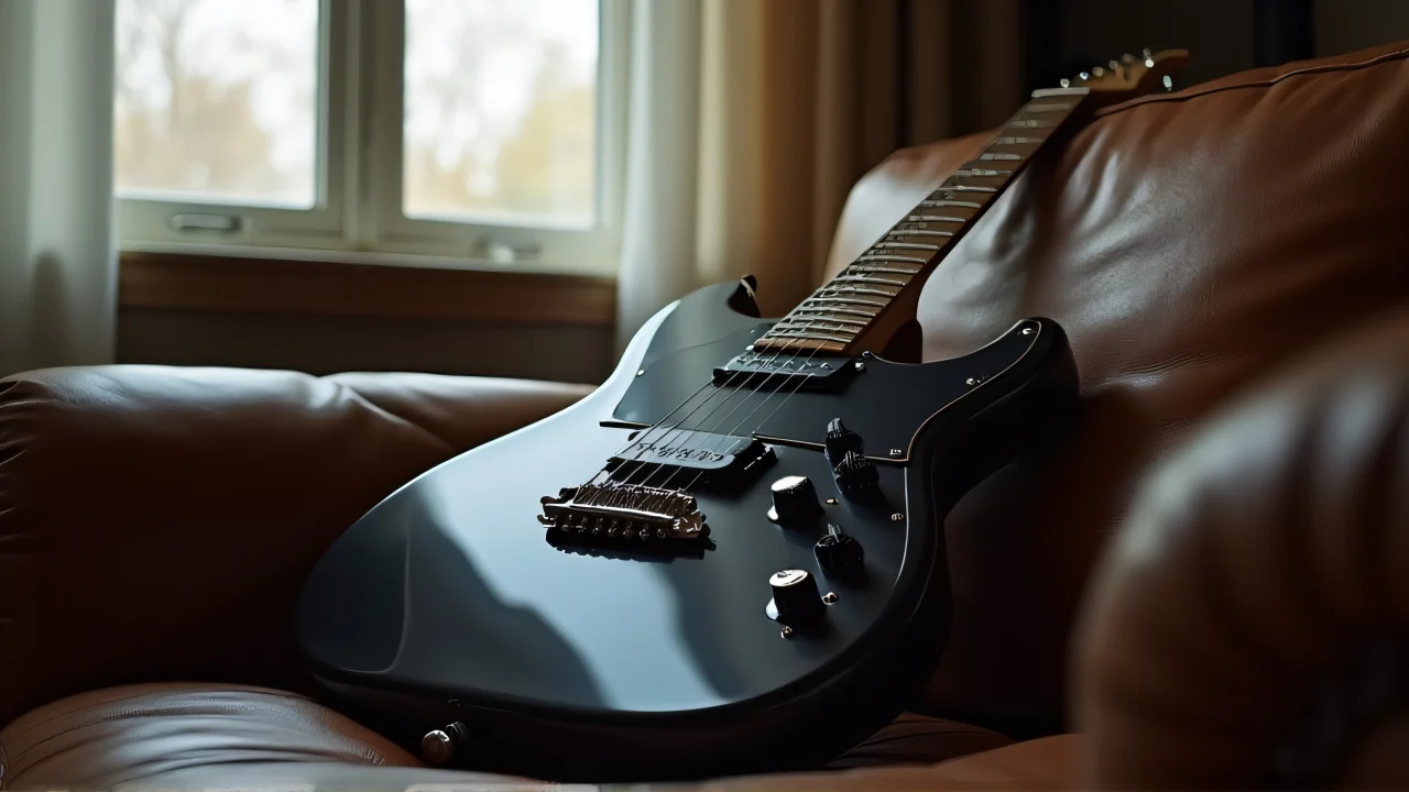 A black electric guitar rests on a worn brown leather sofa, illuminated by soft daylight from a tall window.