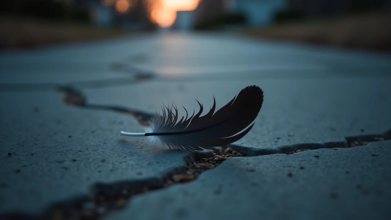 A black feather drifts gently over a cracked concrete sidewalk at dusk, capturing a moment of solitude.