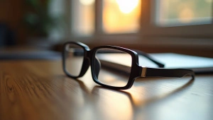 Black Framed Eyeglasses on Wooden Desk Close-Up
