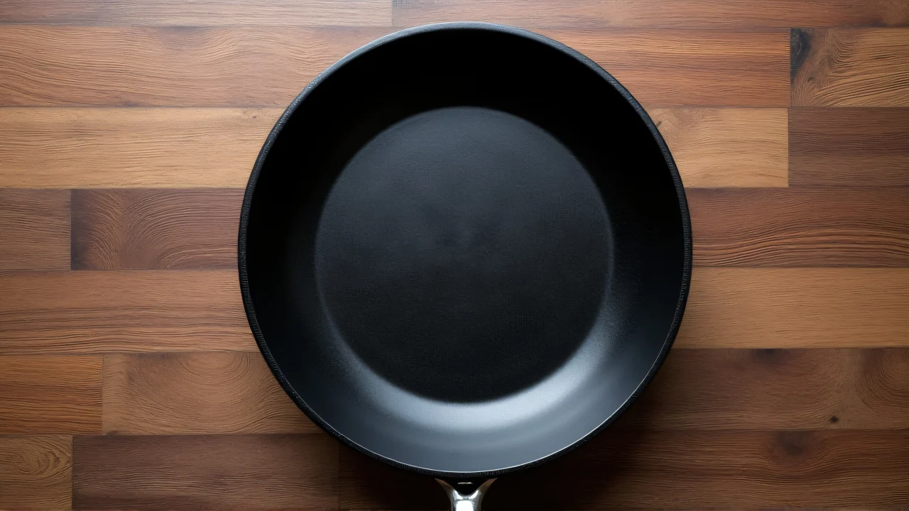 A black frying pan positioned on a textured brown wooden table with soft lighting.