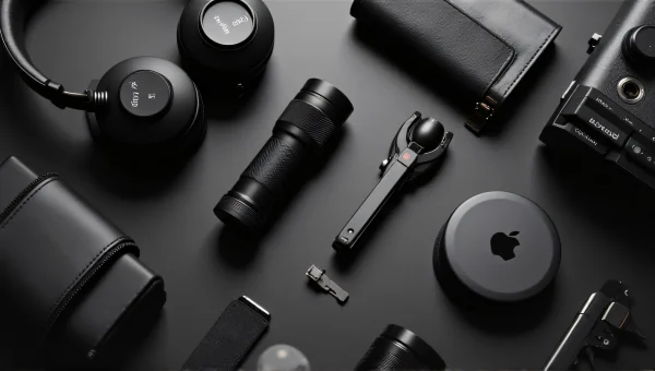 Black Gear Flatlay: Headphones, Camera & Multitool