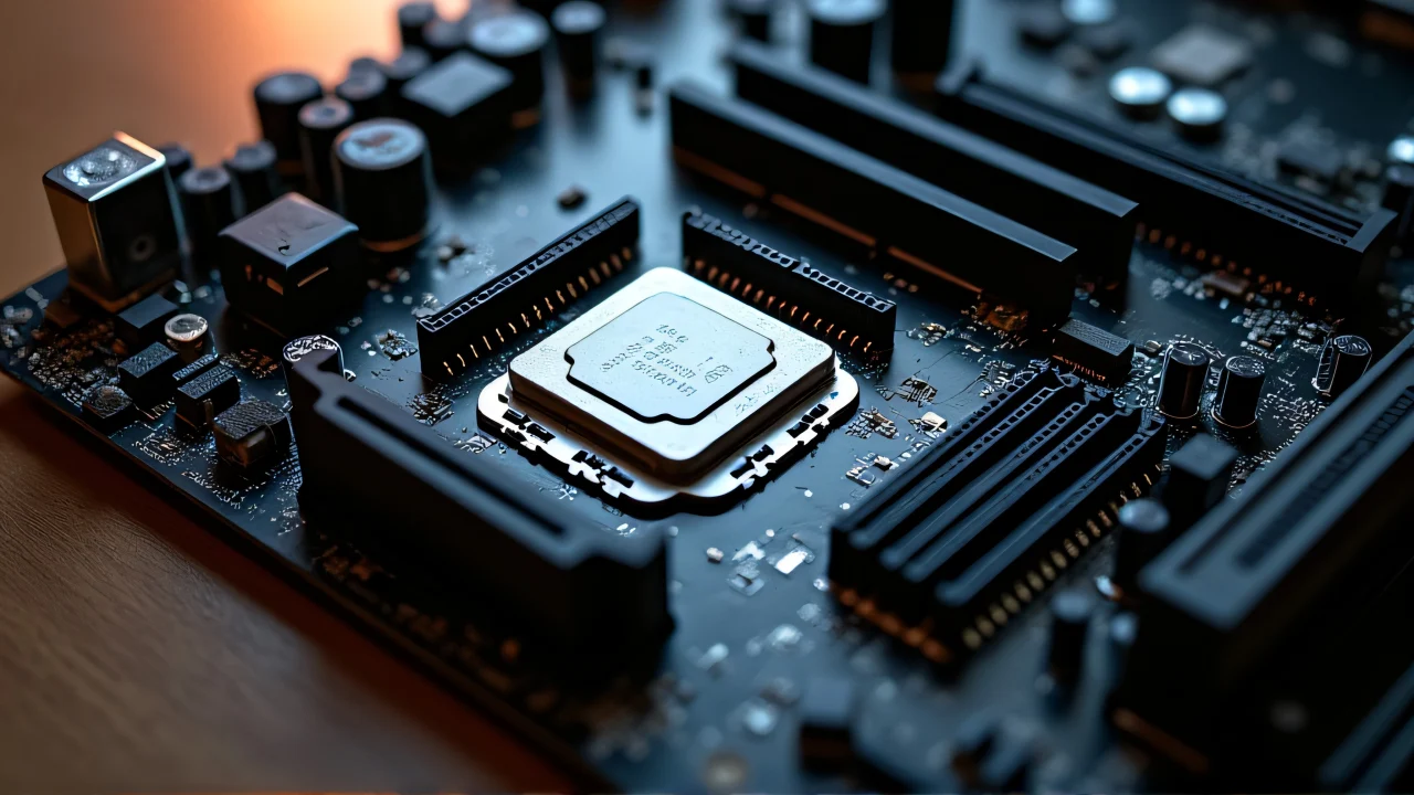 Top-down view of a black and gray motherboard on a studio table.