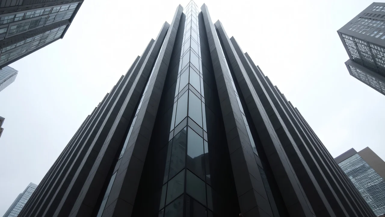 A low-angle view of a monolithic black high-rise building with reflective glass and sharp lines.