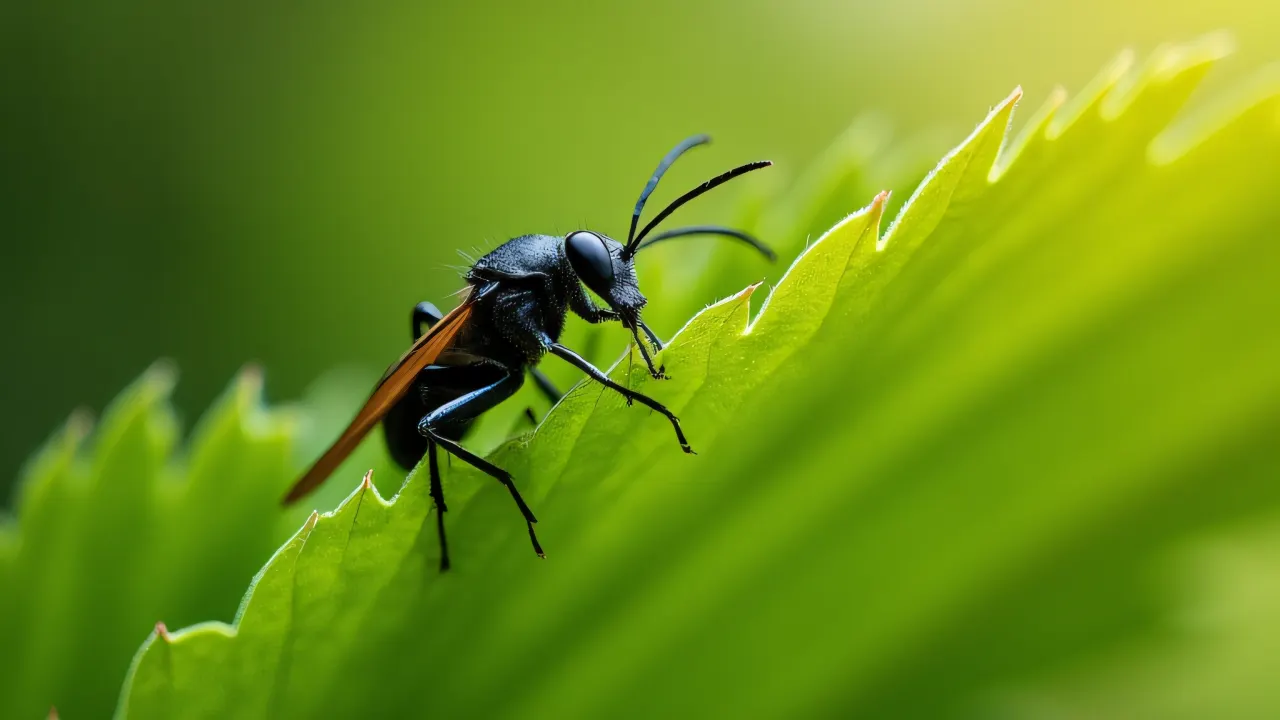 Close-up view of a black insect resting on a jagged green leaf.