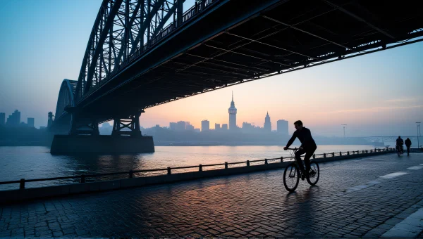 Black Iron Bridge Dusk City Skyline Cyclist