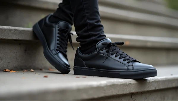 Black Lace-Up Low-Top Sneakers On Concrete Steps