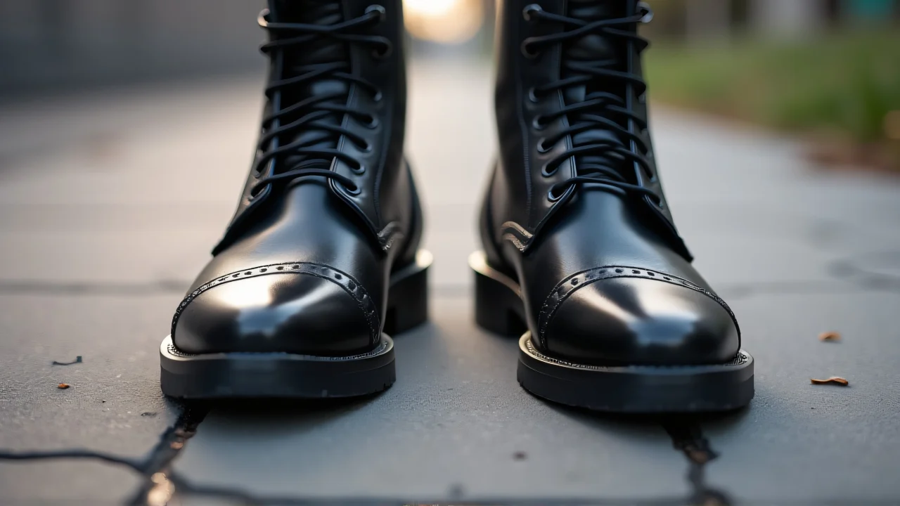 A close-up view of black leather boots resting on cracked concrete.