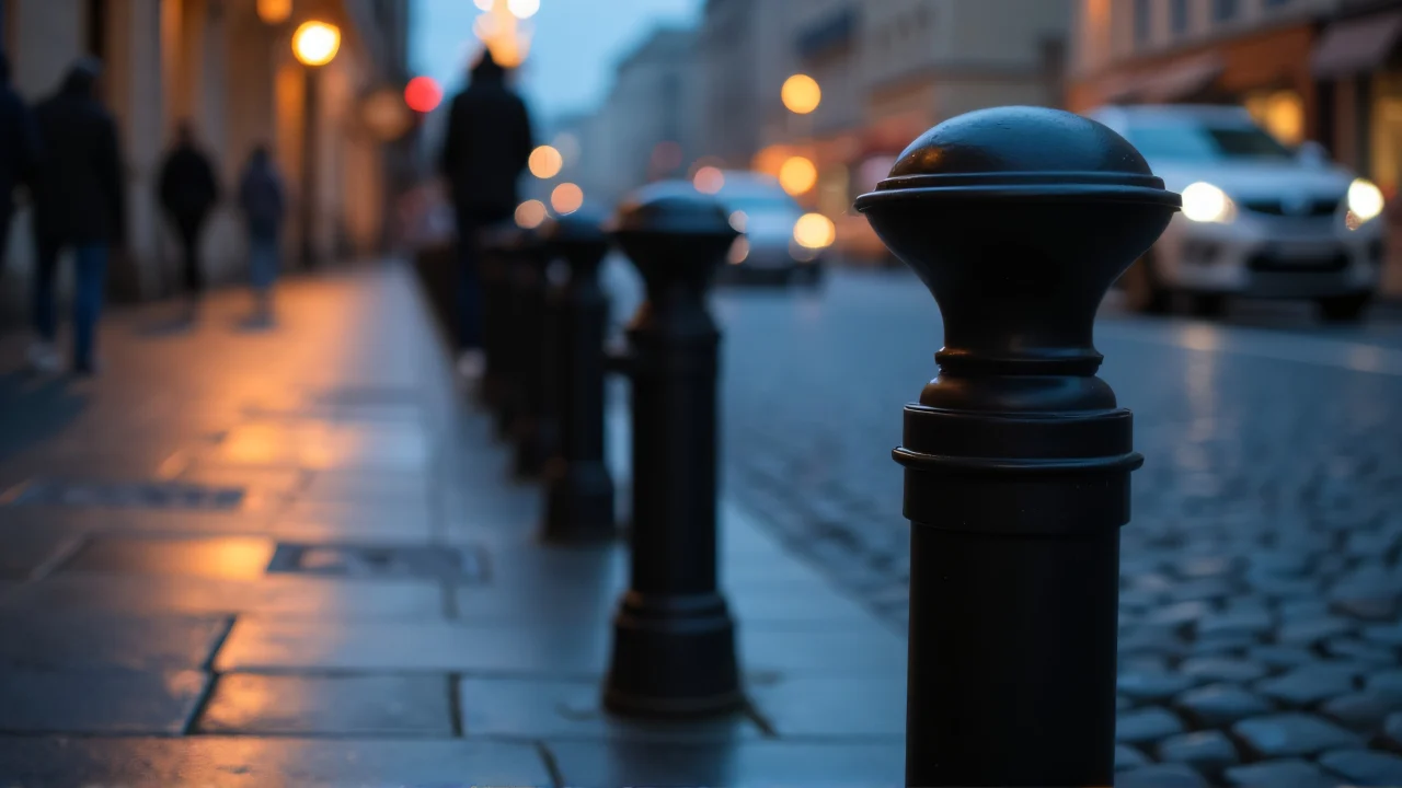 Low angle view of black metal bollards along a wet cobblestone street at dusk.