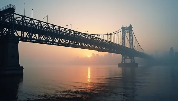 Black Metal Bridge Foggy River Dawn City Skyline
