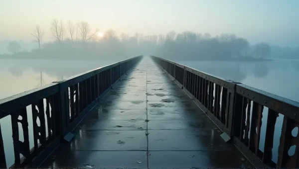 Black Metal Bridge Foggy River Dawn Reflection