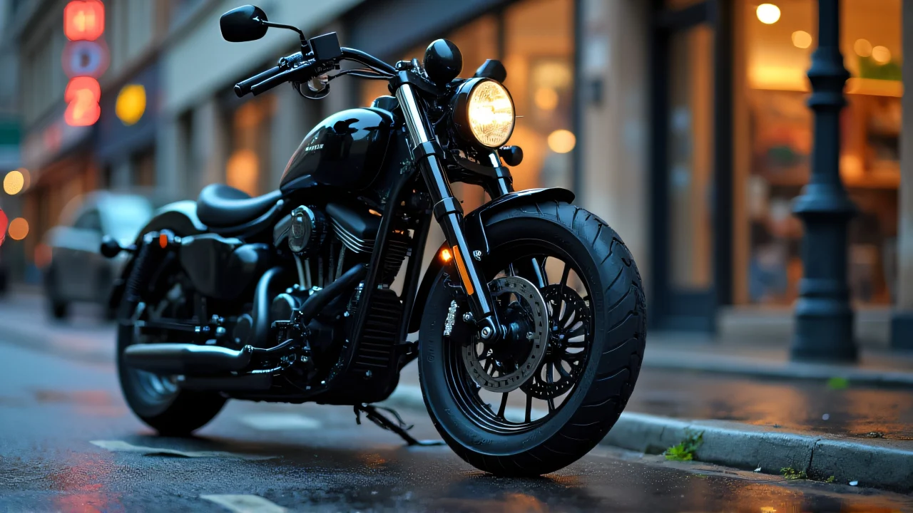 Parked black motorcycle on wet asphalt at dusk with reflections.