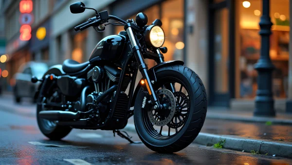 Black Motorcycle Parked Urban Dusk Chrome Reflections