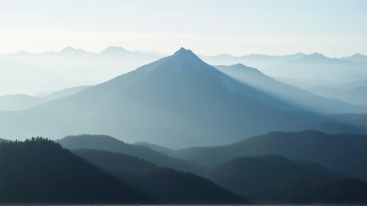 Wide-angle landscape of Black Mountain peak enveloped in fog.