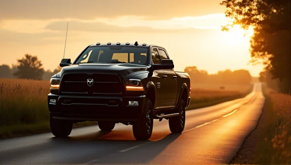 Black Pickup Truck Rural Road Golden Hour