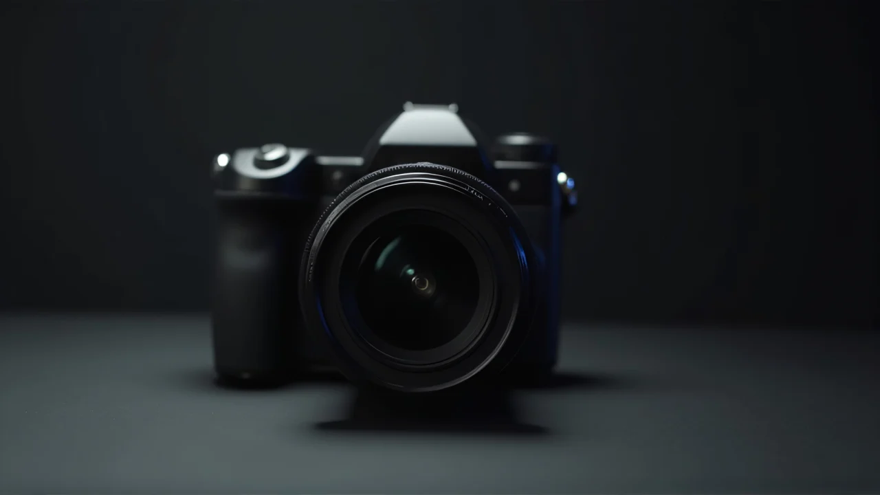 Close-up of a black professional camera on a matte surface with selective focus on the lens.