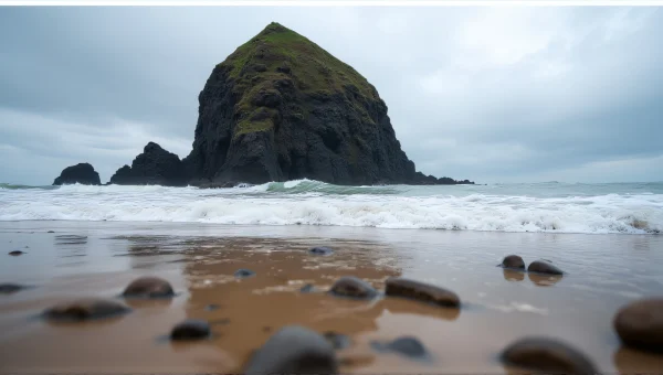 Black Rock Formation On Sandy Beach Low Tide
