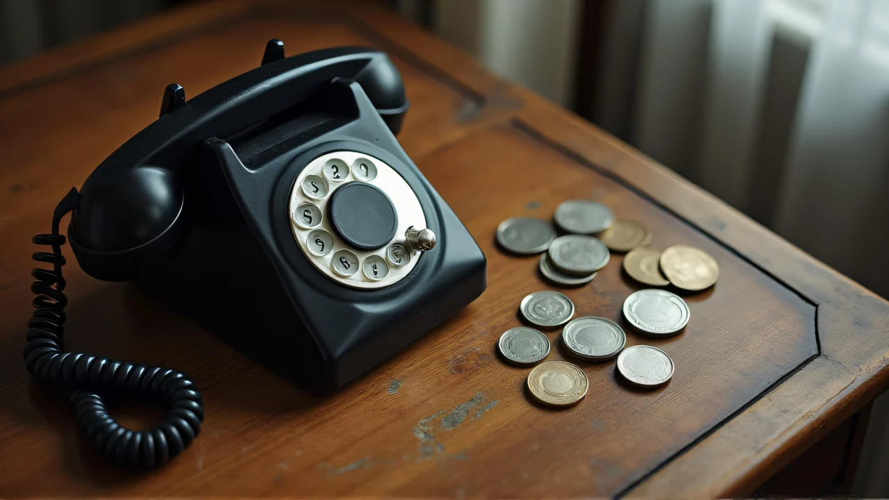A black rotary telephone next to scattered coins on a wooden table.
