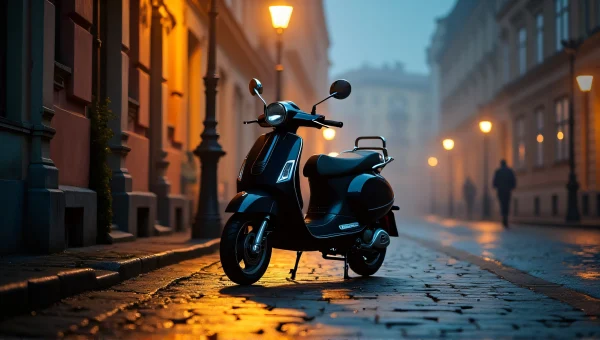 Black Scooter Parked On Wet Cobblestones Evening