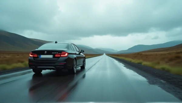 Black Sedan Driving On Wet Country Road