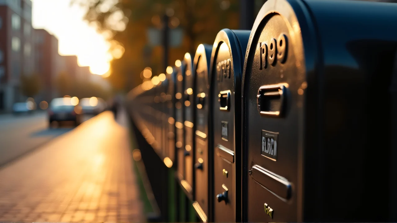 A row of black steel mailboxes on a brick sidewalk with shadows.