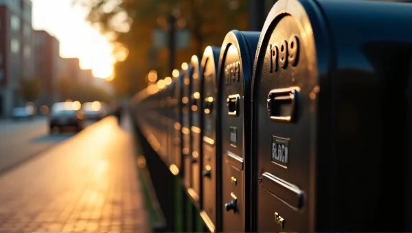 Black Steel Mailboxes Along Brick Sidewalk