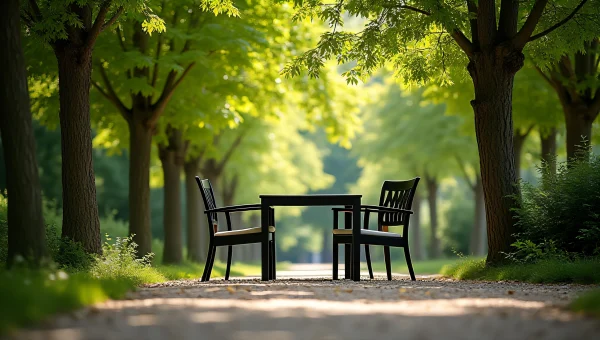 Black Table And Chairs Set Under Leafy Trees
