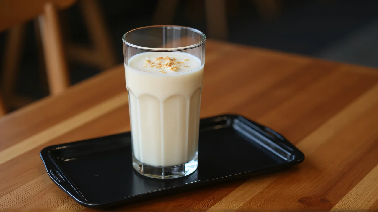A black rectangular tray beside a tall milkshake on a wooden table, captured with soft lighting and shallow depth of field.