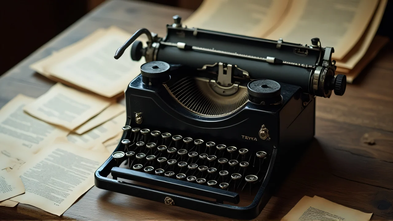 Close-up of a black typewriter on a wooden table with scattered pages.
