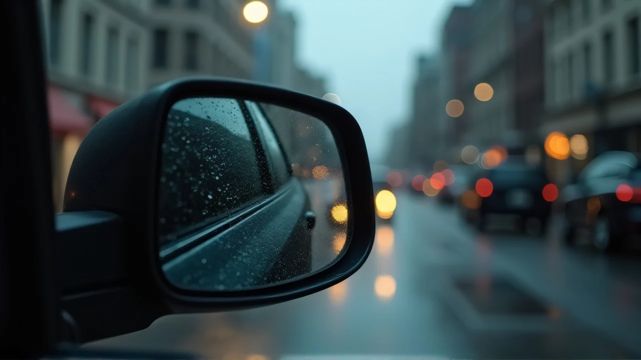 Close-up of a black vehicle side mirror reflecting a rainy urban street scene.