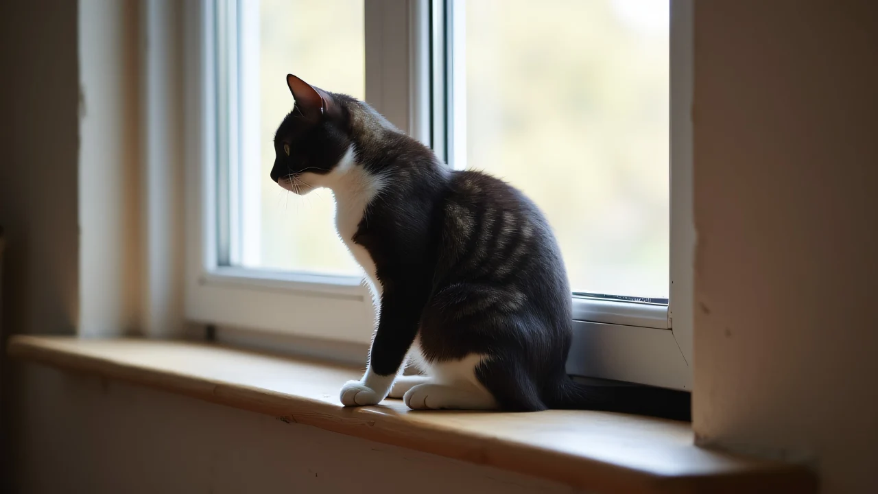 Black and white short-fur cat resting on a wooden windowsill.