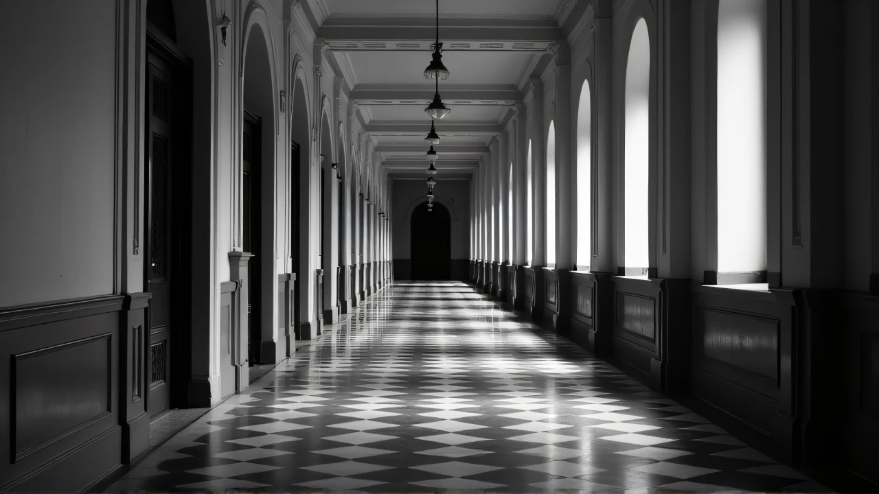 A black and white hallway featuring a vaulted ceiling and row of closed doors.